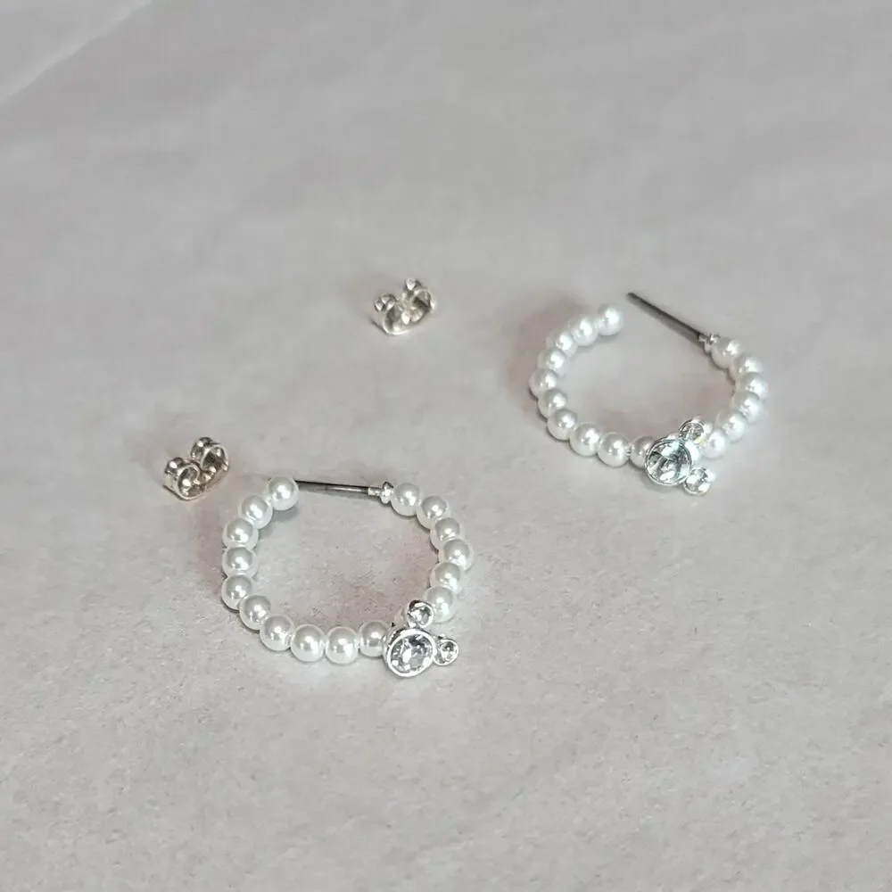 Disney Silver-Tone Mickey Mouse Rhinestone Faux Pearl Hoop Earrings